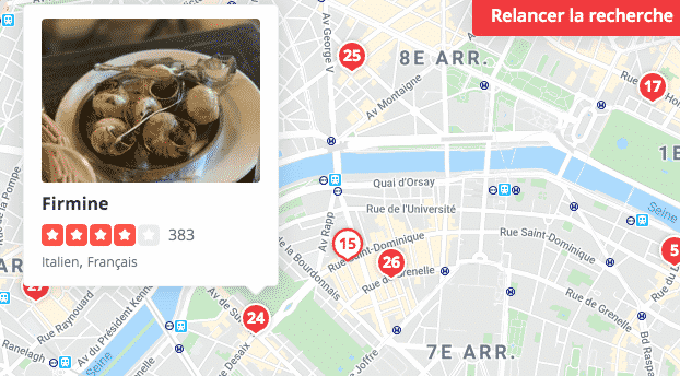 Exemple sur Yelp.fr: affichage des restaurants près de la Tour Eiffel