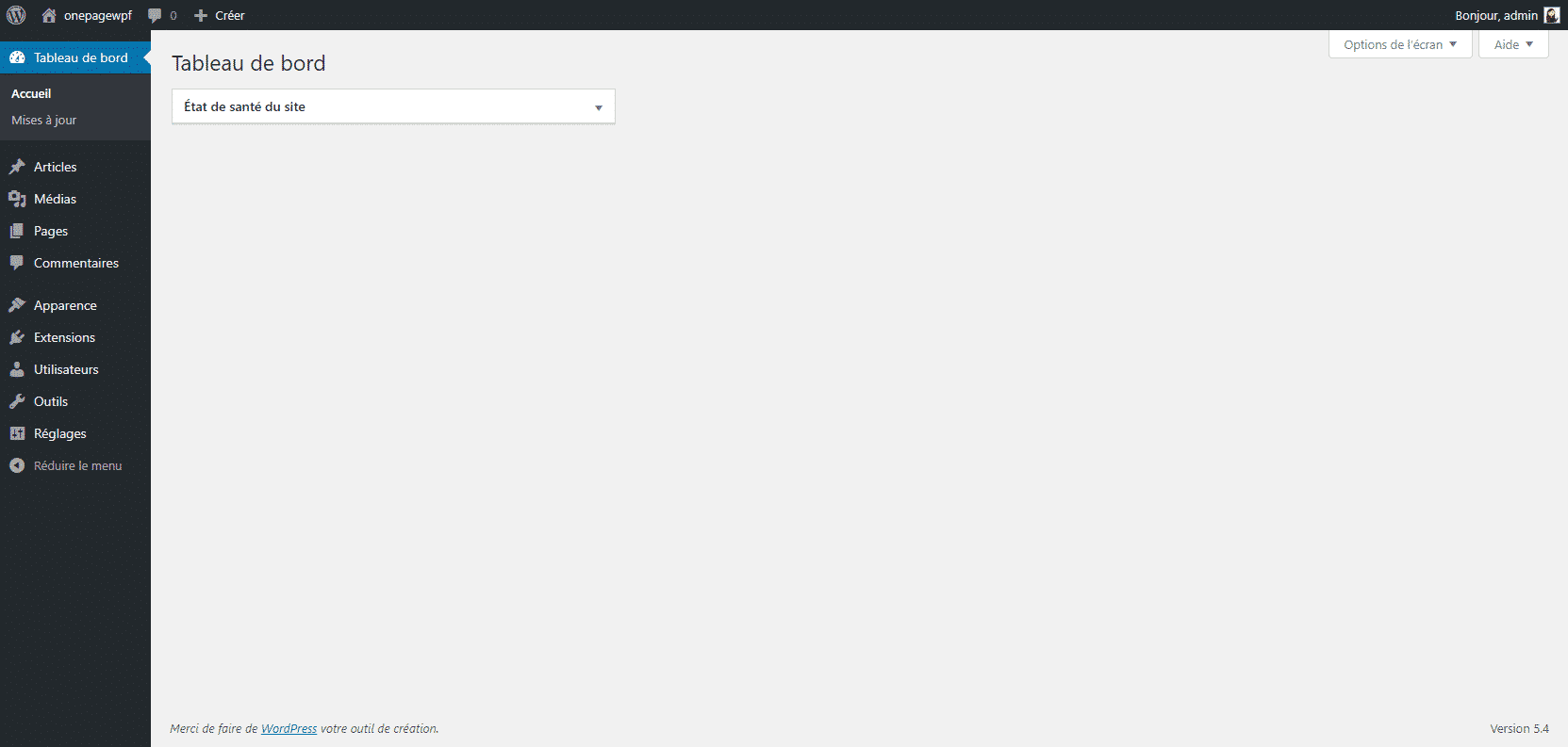 dashboard wordpress vide de depart - créer son site one page rapidement
