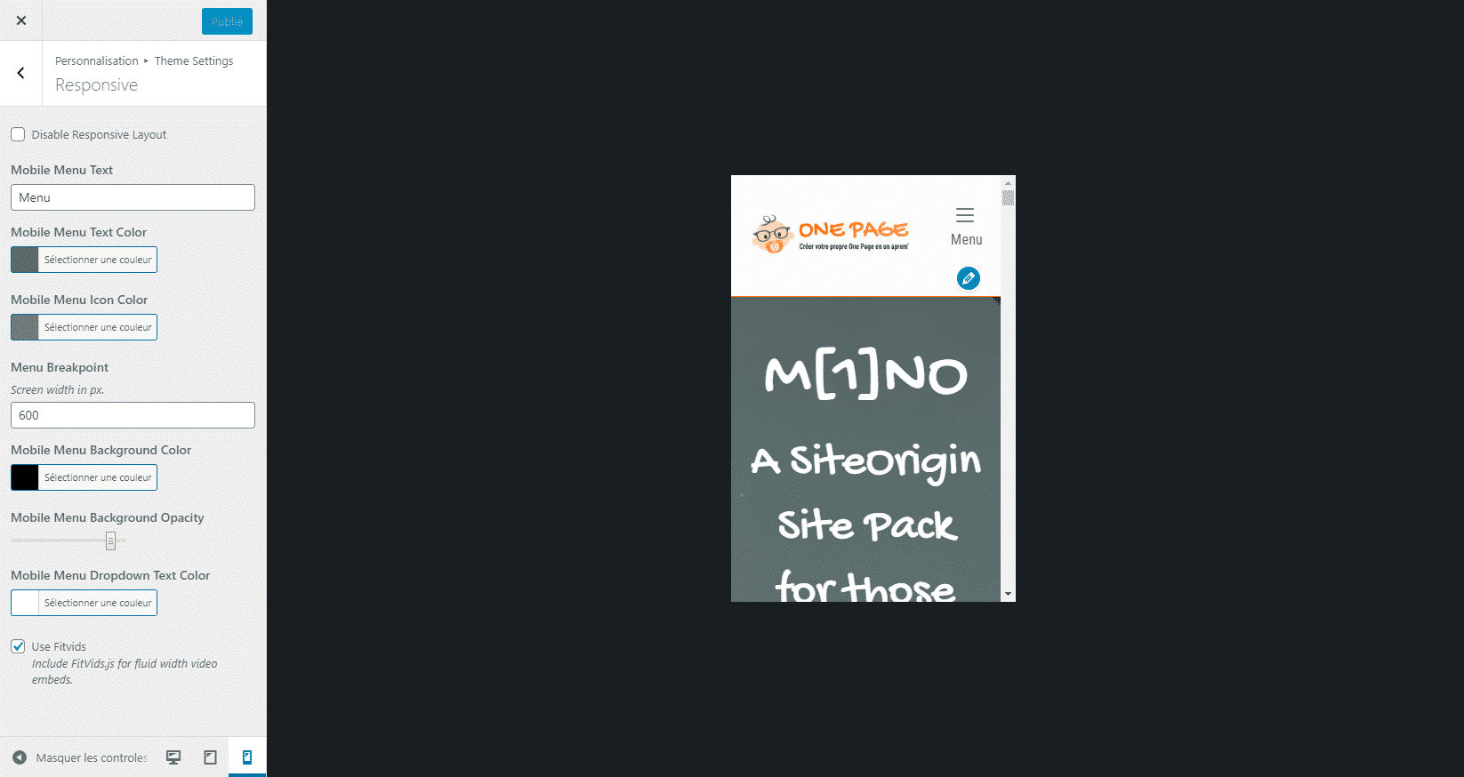 Modifier l'apparence du menu responsive sur MONO SiteOrigin - One Page à créer tout seul et rapidement