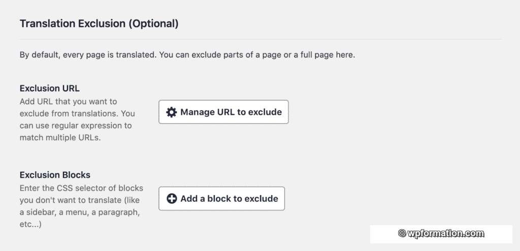 Tutoriel Weglot WPFormation panel d'option pour exclure les traductions