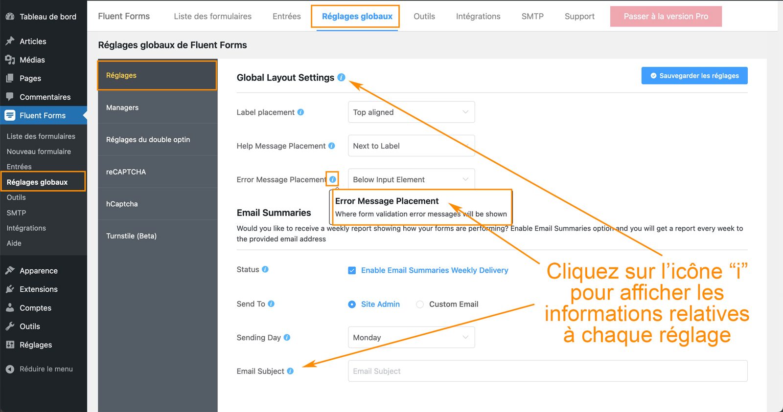 tutoriel fluent forms plugin formulaire wordpress 42 Réglages généraux de Fluent Forms