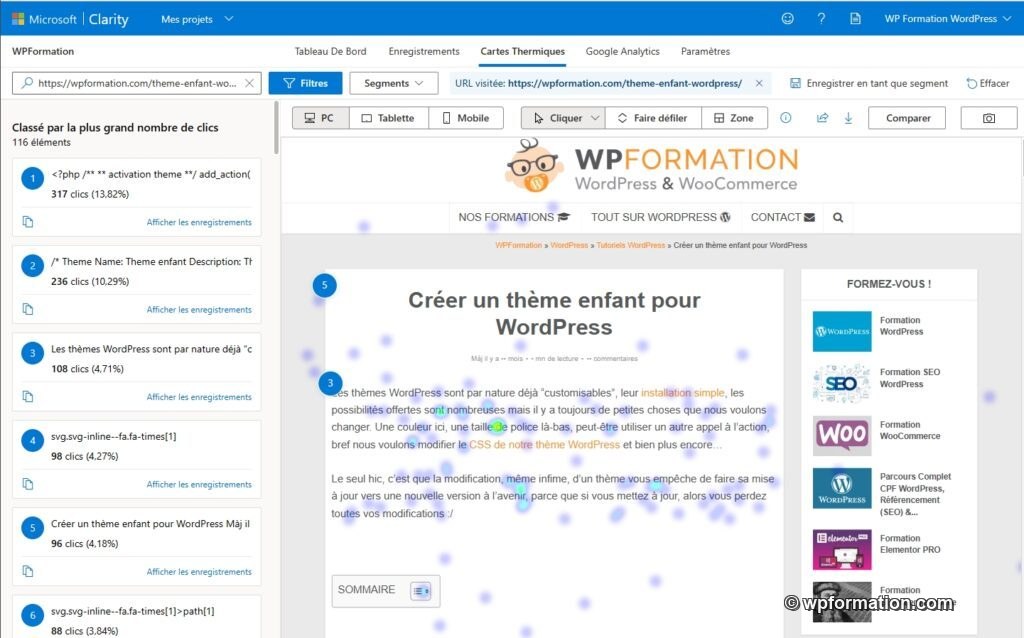 cartes thermiques heat map clarity WordPress