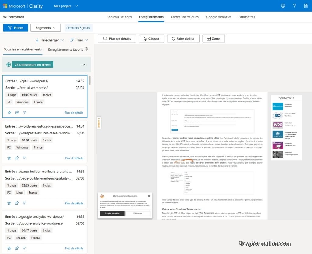 enregistrements clarity WordPress
