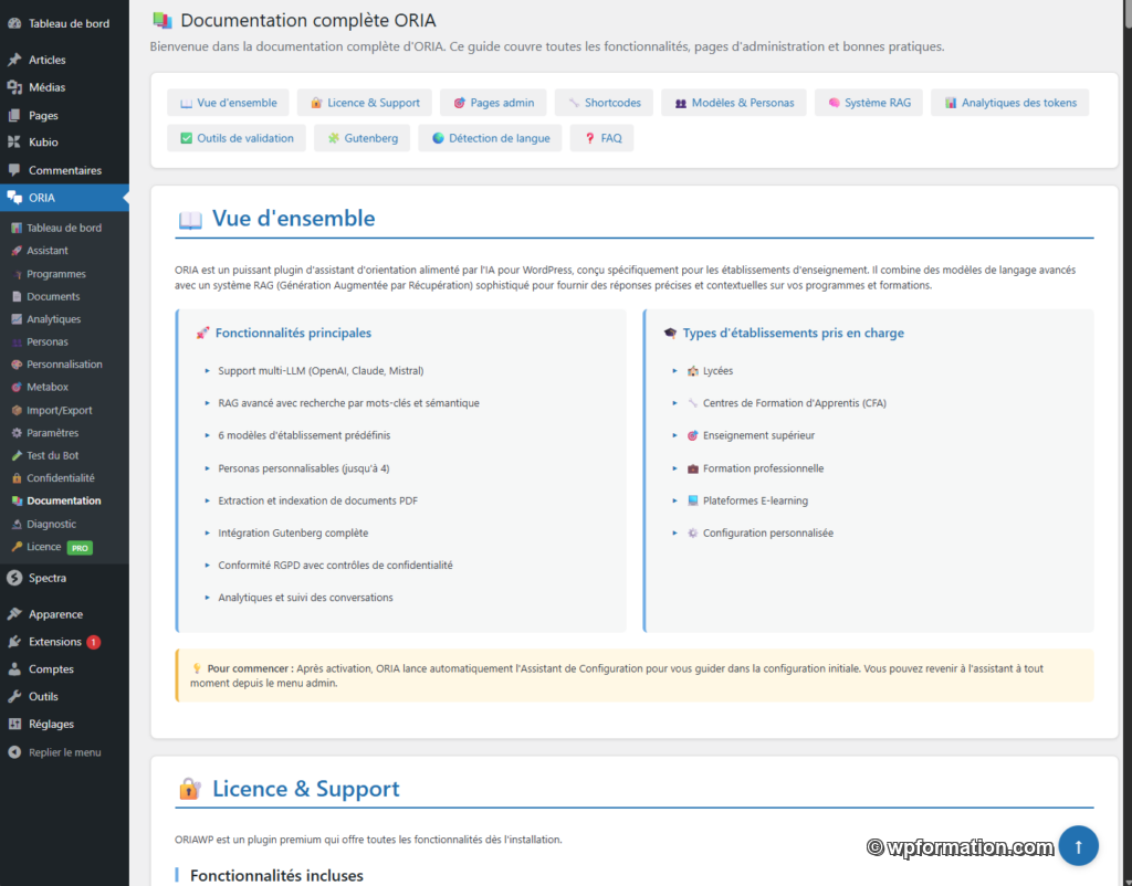 Documentation WordPress sur les fonctionnalités
