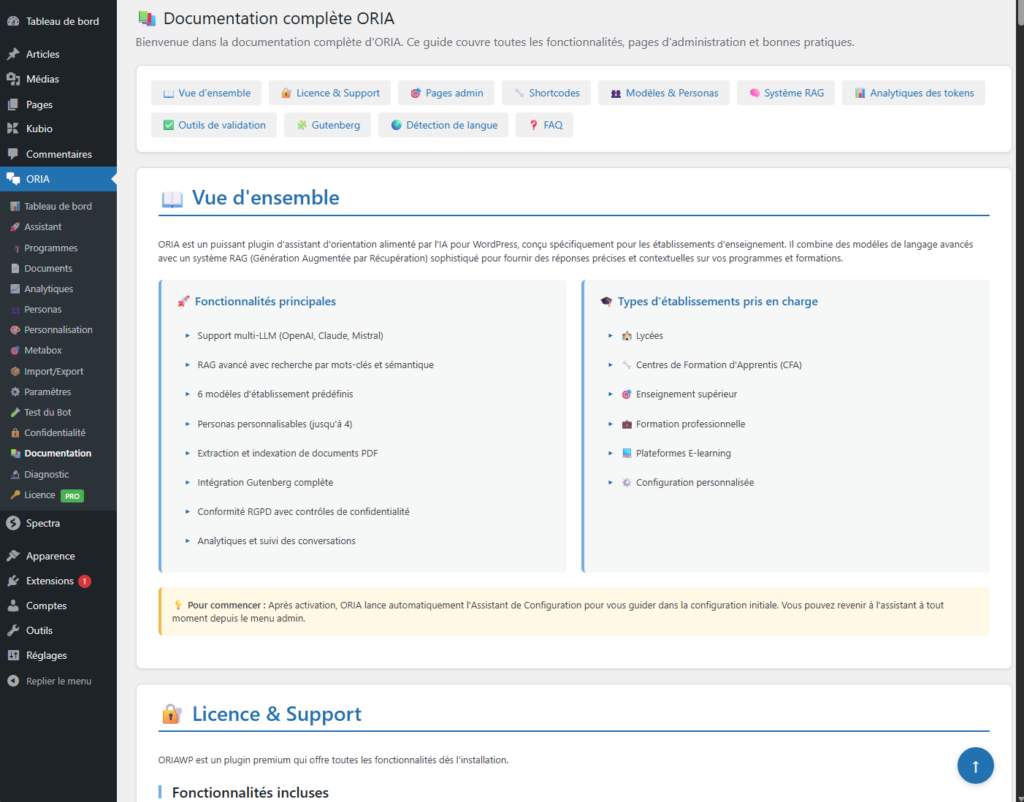 documentation ORIA entierement generee par Claude Code Documentation WordPress sur les fonctionnalités
