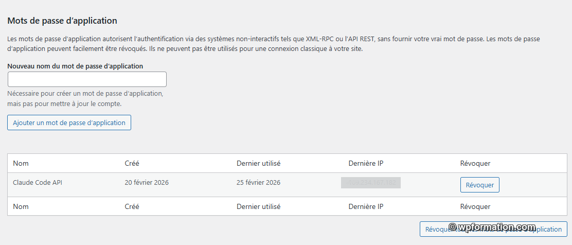 Mot de passe d'application WordPress