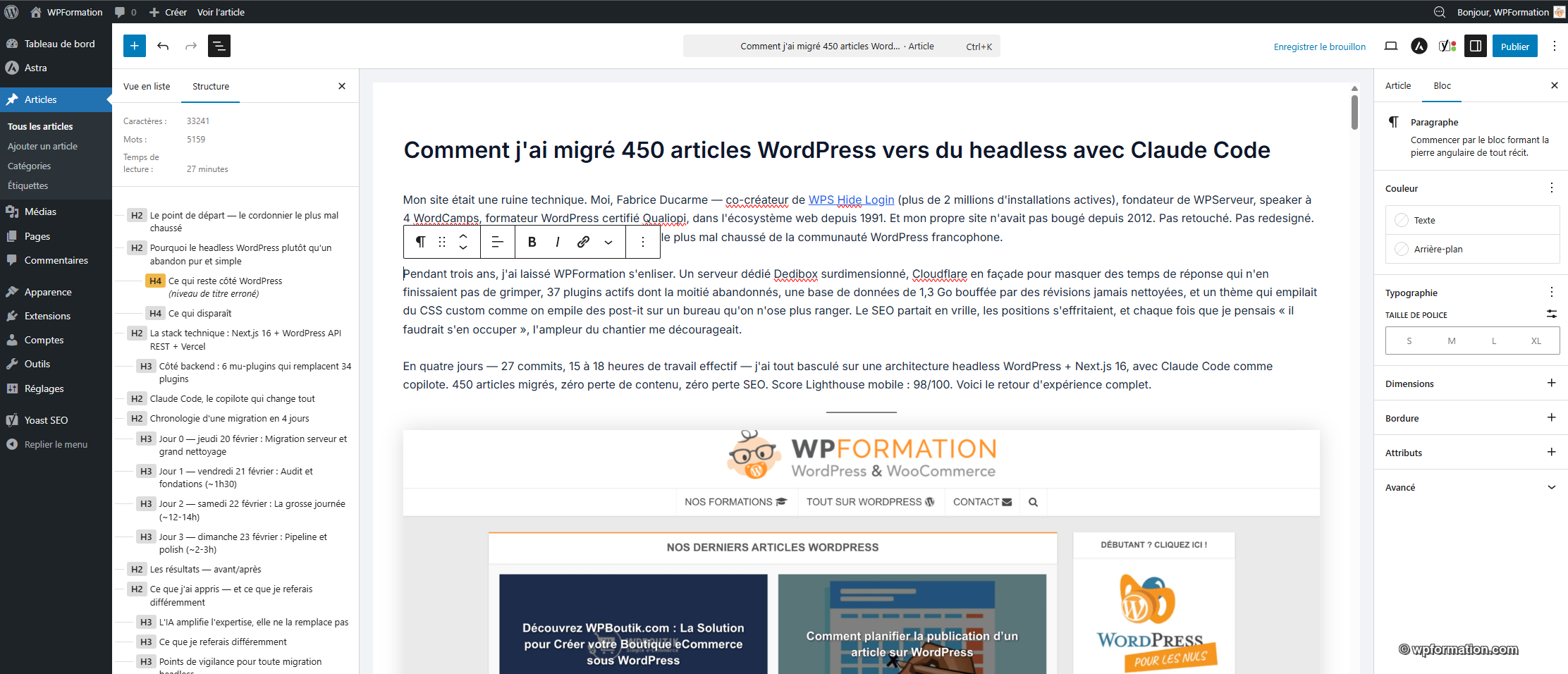 Rédaction d'un article WordPress dans l'éditeur Gutenberg pour un site headless