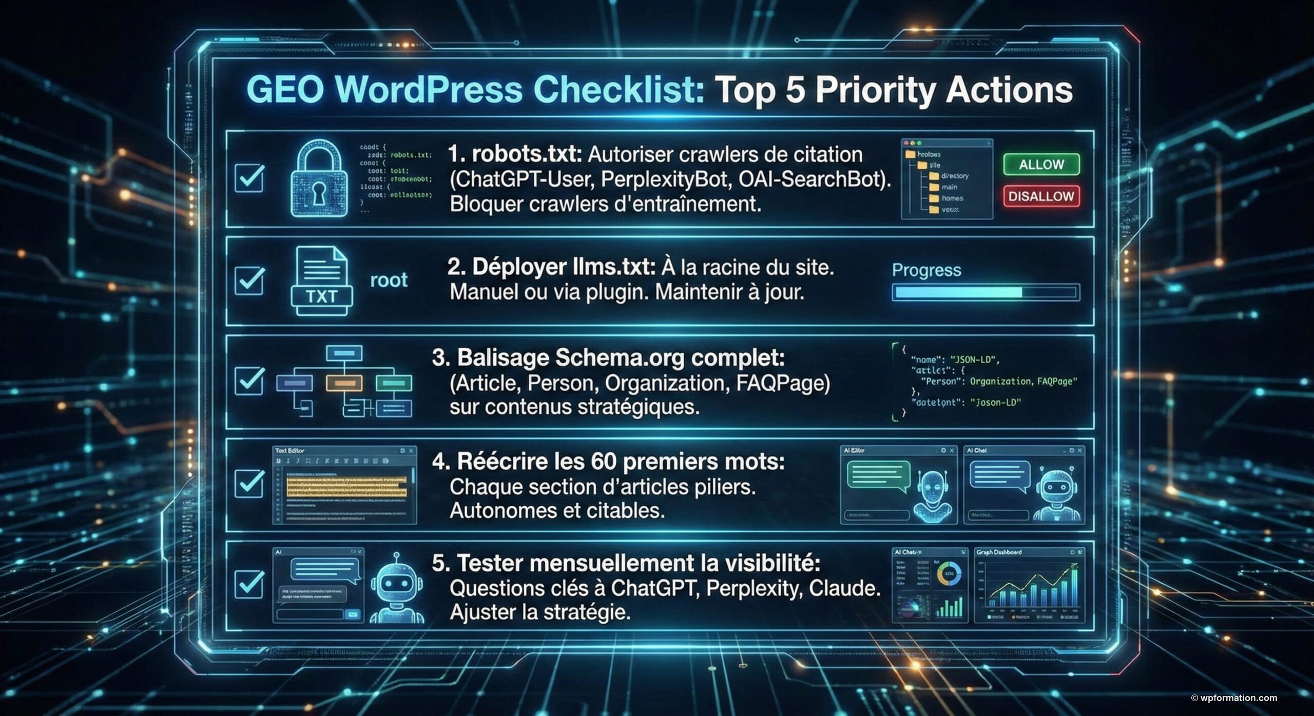 Checklist GEO WordPress : les 5 actions prioritaires