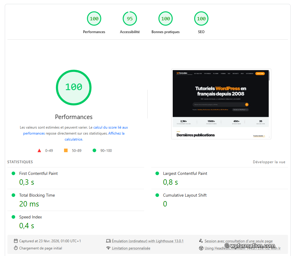Score PageSpeed Insights de WPFormation après migration headless