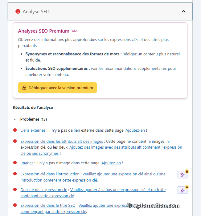 Tableau de bord WordPress avec alertes de plugin SEO premium poussant à l'achat