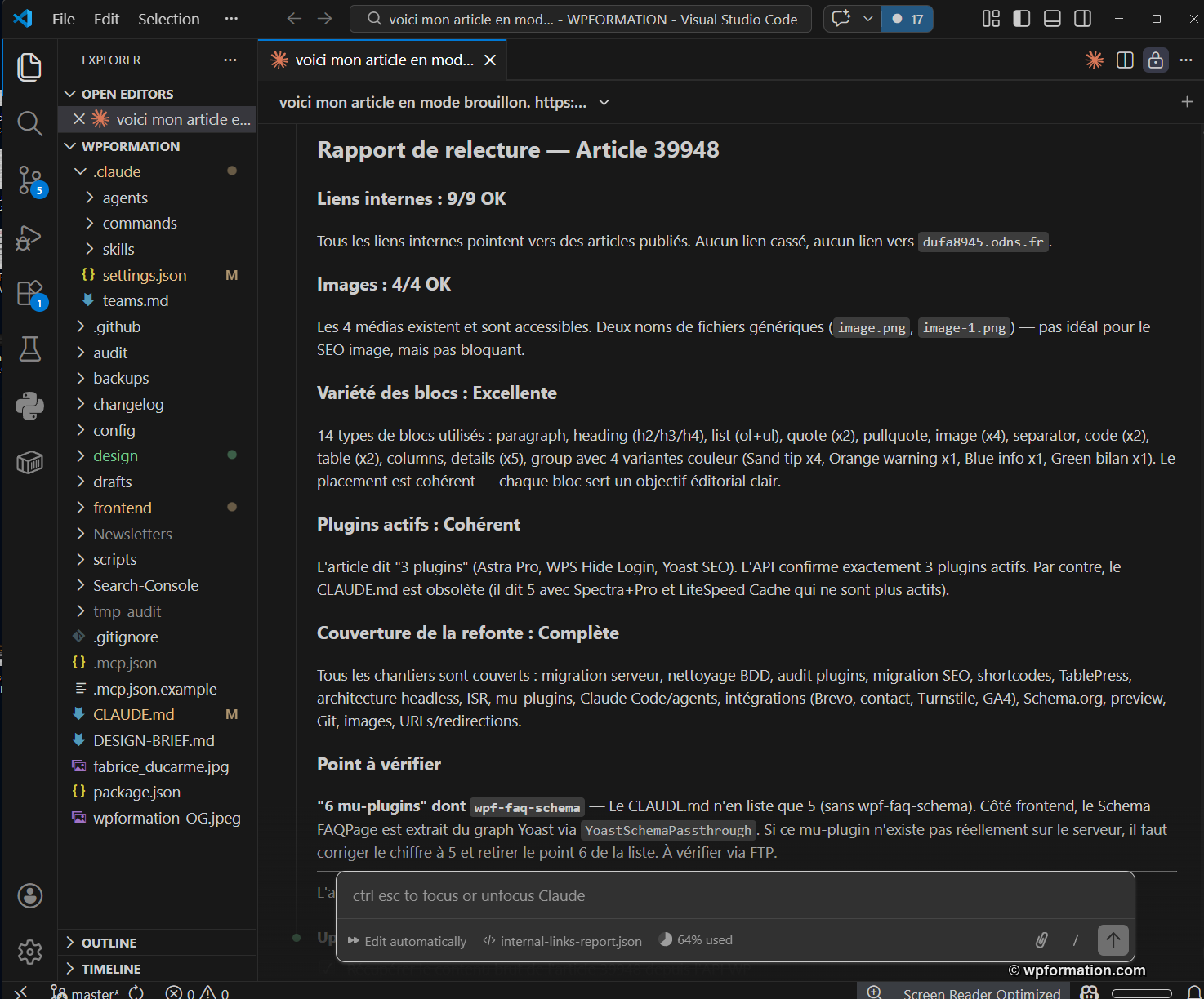 Claude Code intégré dans VS Code pour le projet WPFormation