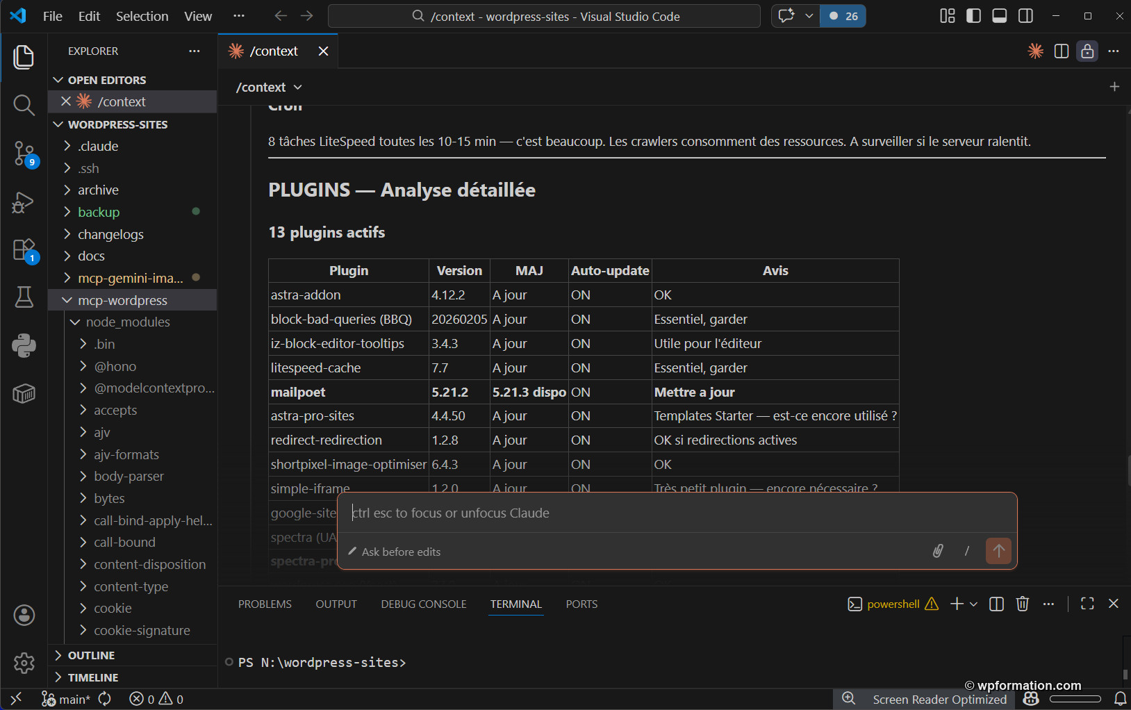Visual Studio Code avec Claude Code connecté à WordPress via MCP