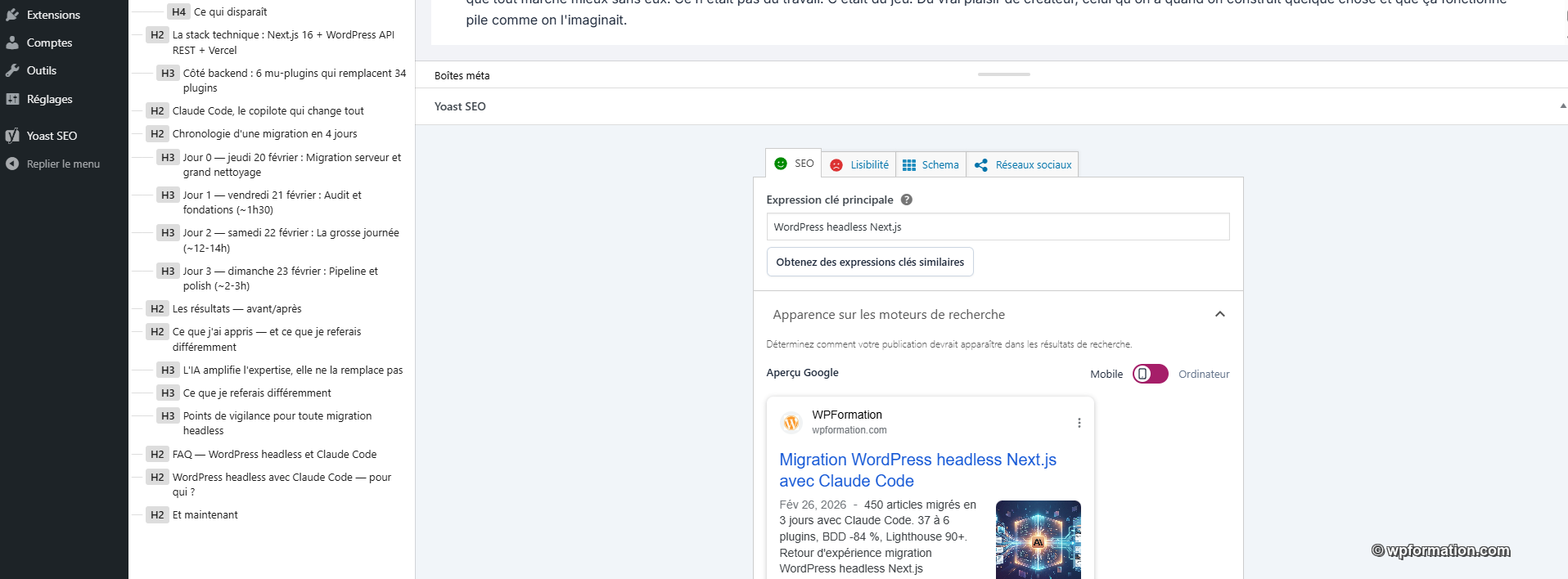 Interface Yoast SEO dans WordPress headless exposant les meta via l'API REST