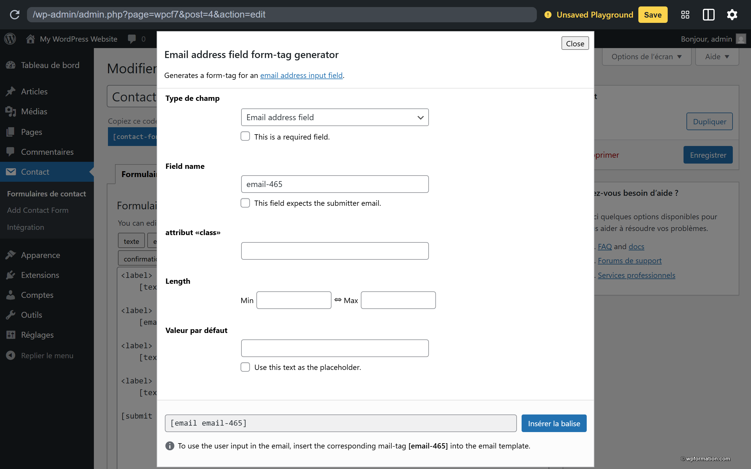 Générateur de tags Contact Form 7 pour insérer un champ email