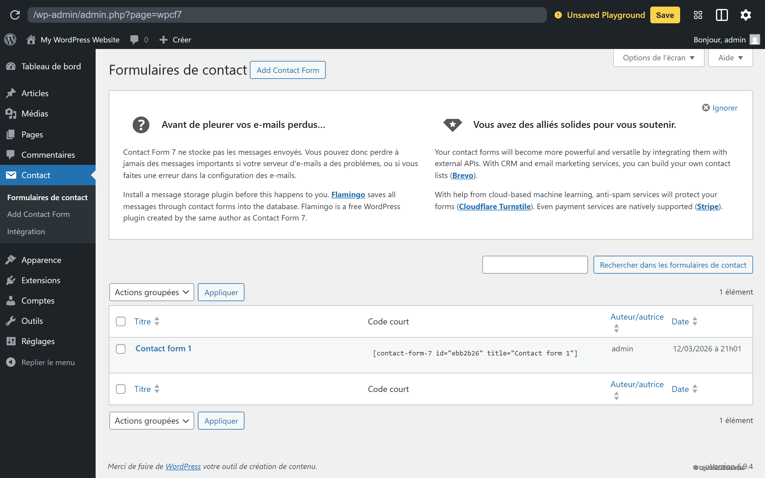 Liste des formulaires Contact Form 7 avec shortcode visible