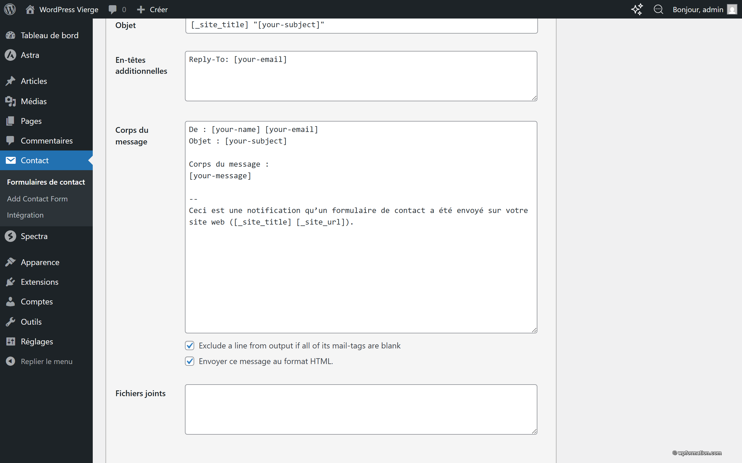 Configuration du corps de l'email et options d'envoi dans Contact Form 7