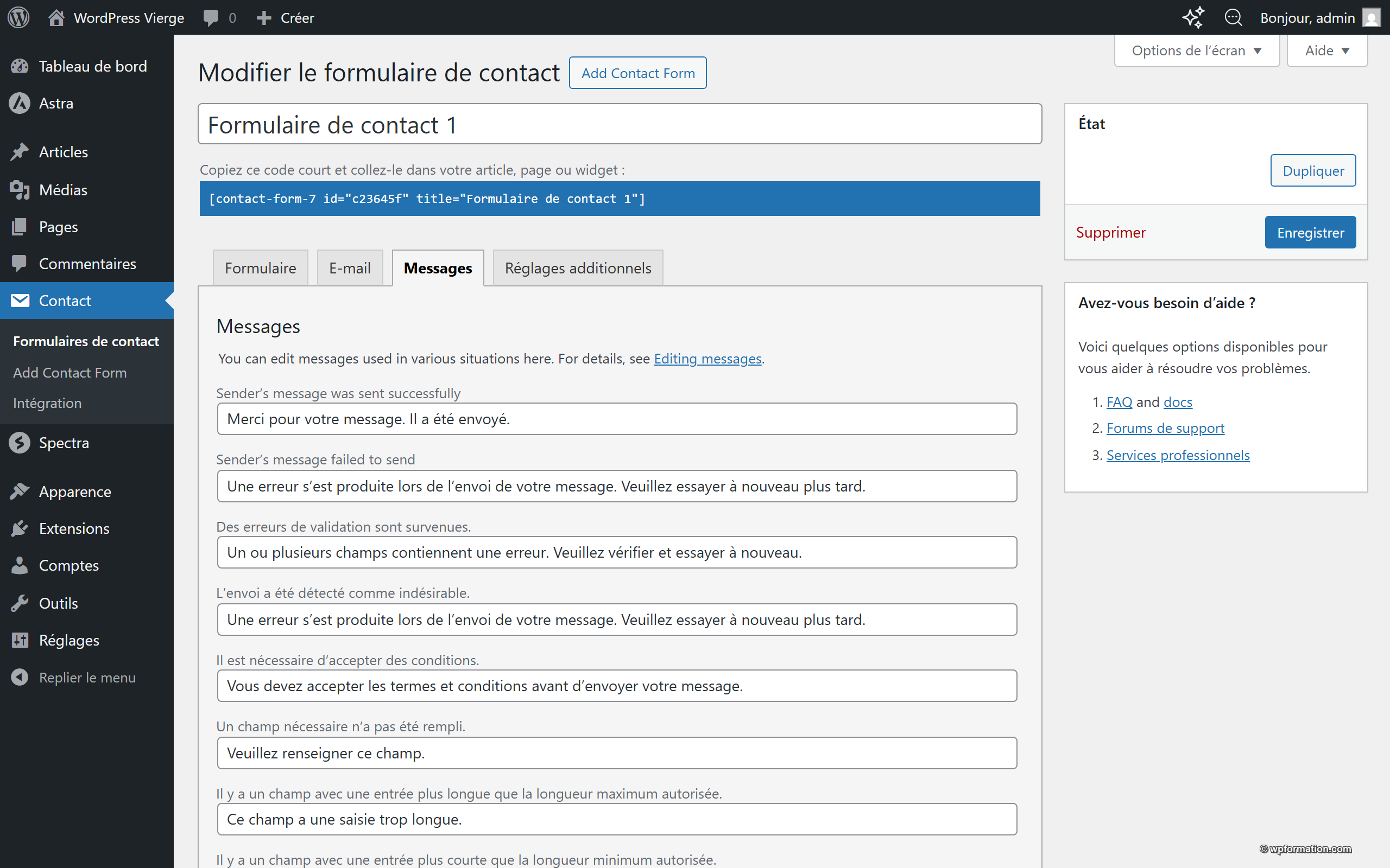 Personnalisation des messages de succès et d'erreur dans Contact Form 7