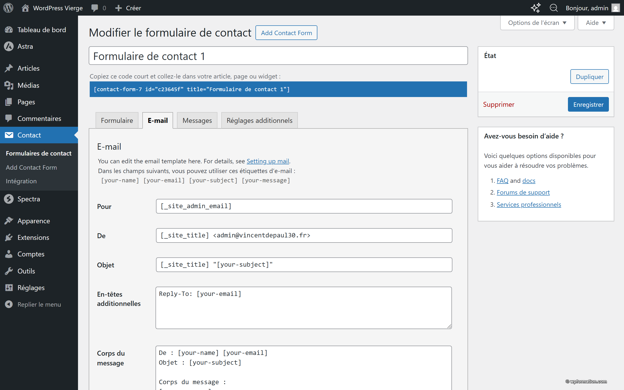 Configuration de l'envoi d'email dans Contact Form 7