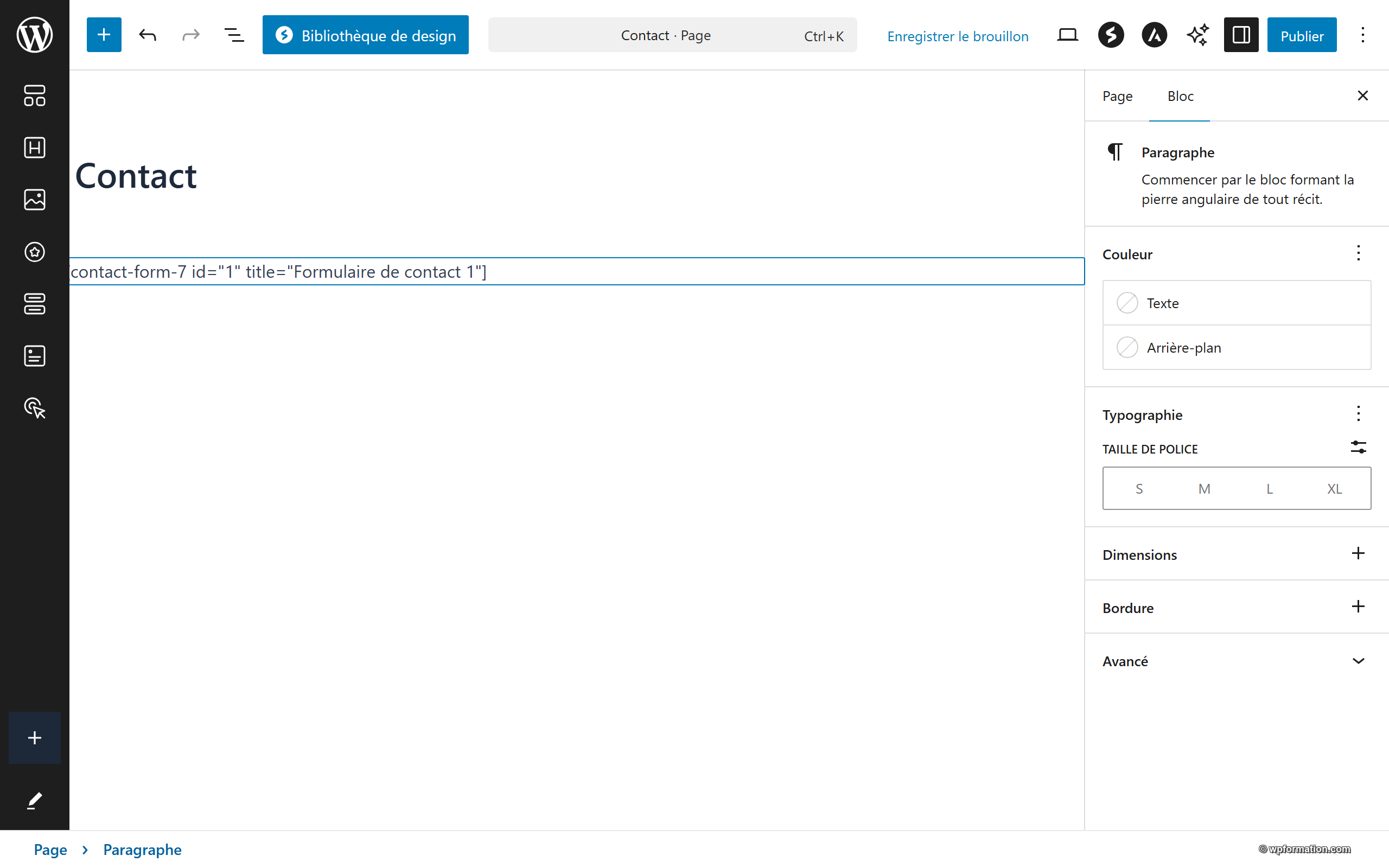 Shortcode Contact Form 7 insere dans l'éditeur Gutenberg de WordPress