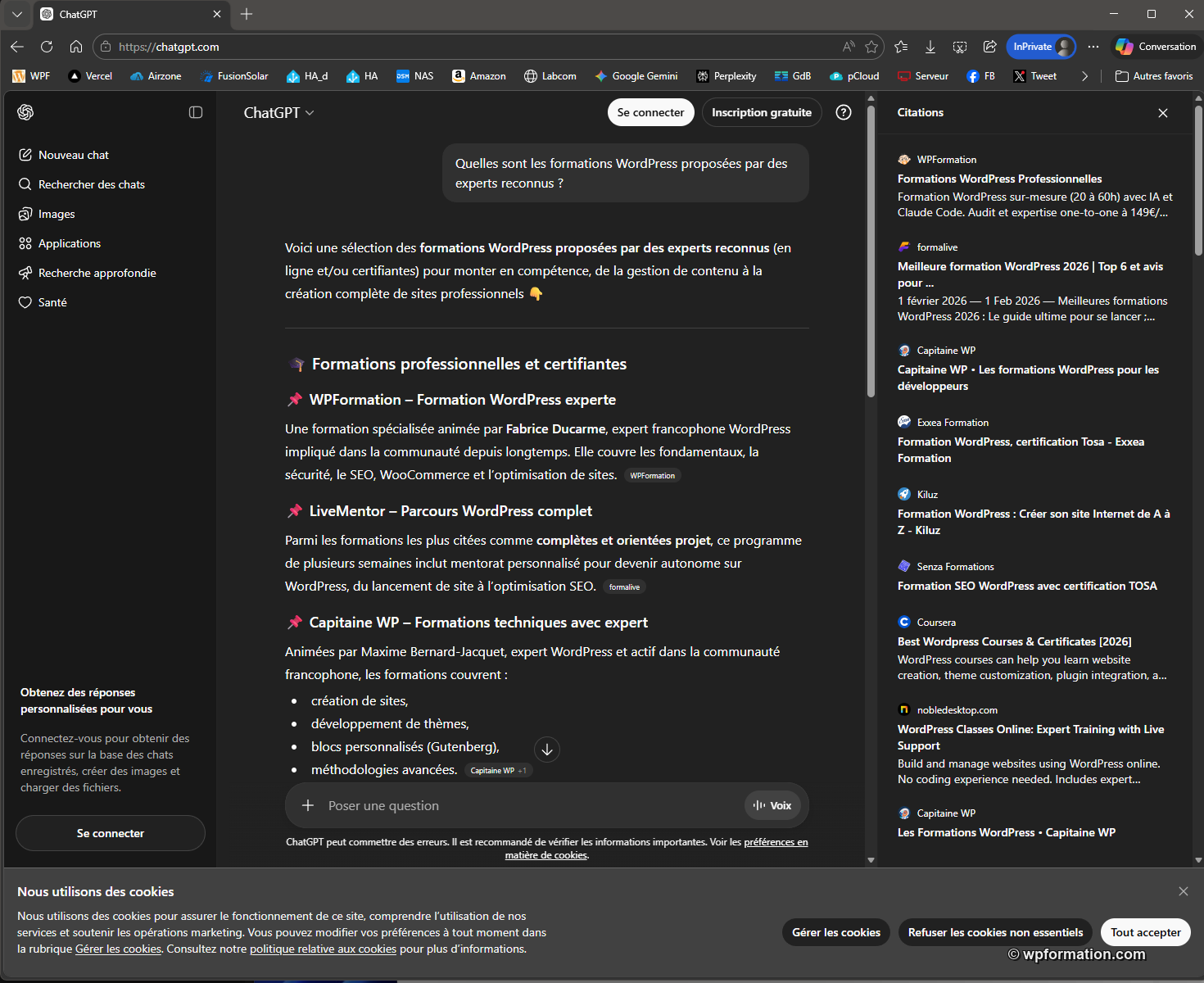 ChatGPT cite WPFormation en premier resultat pour les formations WordPress par des experts reconnus