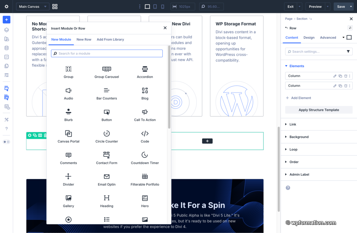 Interface d'ajout de modules dans Divi 5 avec la modale Insert Module