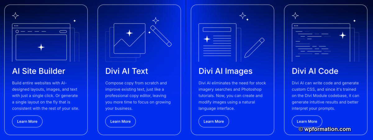 Les 4 fonctionnalités Divi AI : Site Builder, Text, Images et Code