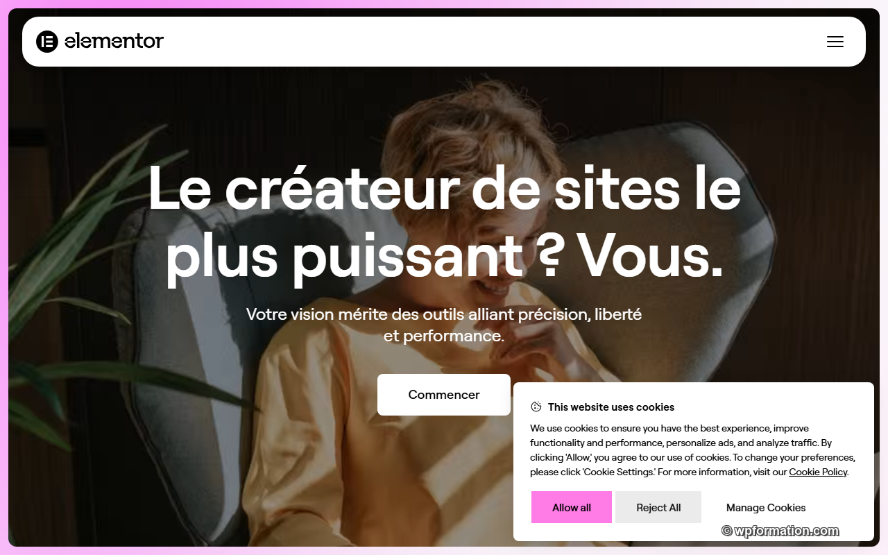 Page d'accueil du site officiel Elementor en 2026