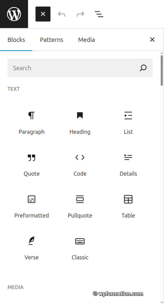 Inséreur de blocs Gutenberg avec catégories, blocs et patterns