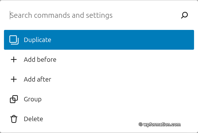 Palette de commandes Gutenberg pour rechercher des actions et blocs rapidement