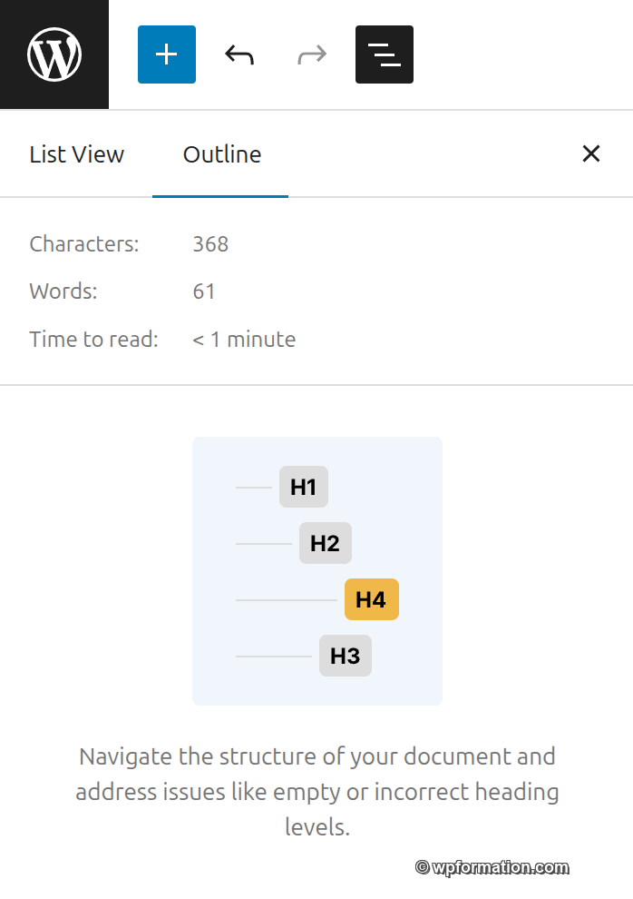 Vue en liste des blocs dans l'éditeur Gutenberg WordPress