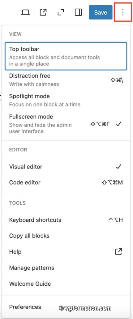 Menu des options avancées de l'éditeur Gutenberg (mode code, préférences, raccourcis)