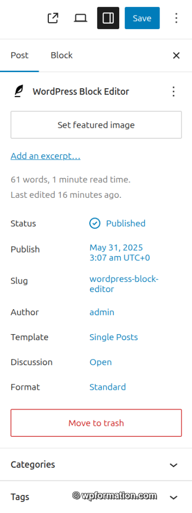 Panneau latéral de réglages d'un bloc dans Gutenberg WordPress