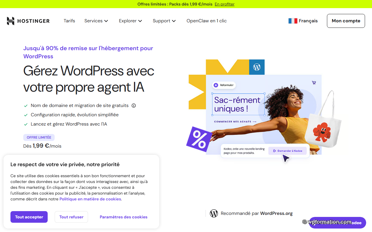 Page d'accueil Hostinger hébergement WordPress avec tarifs 2026