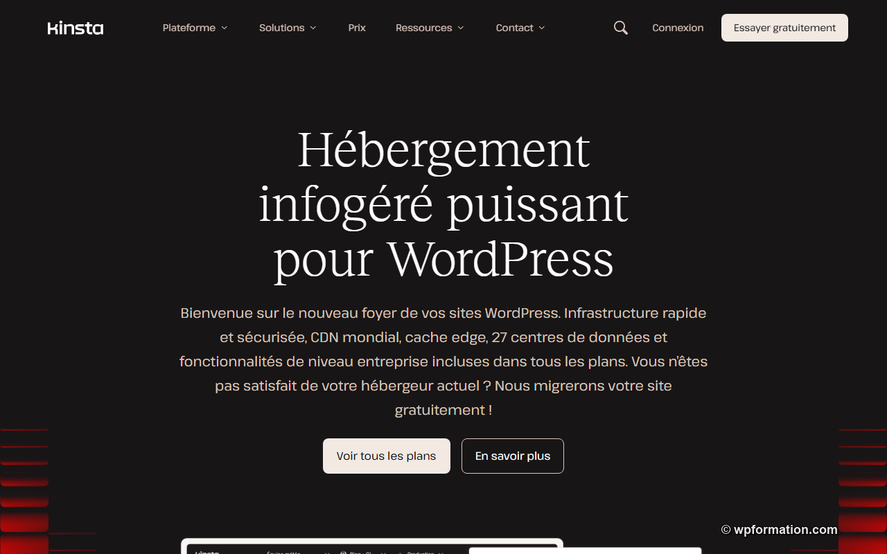 Page d'accueil Kinsta hébergement WordPress infogéré sur Google Cloud
