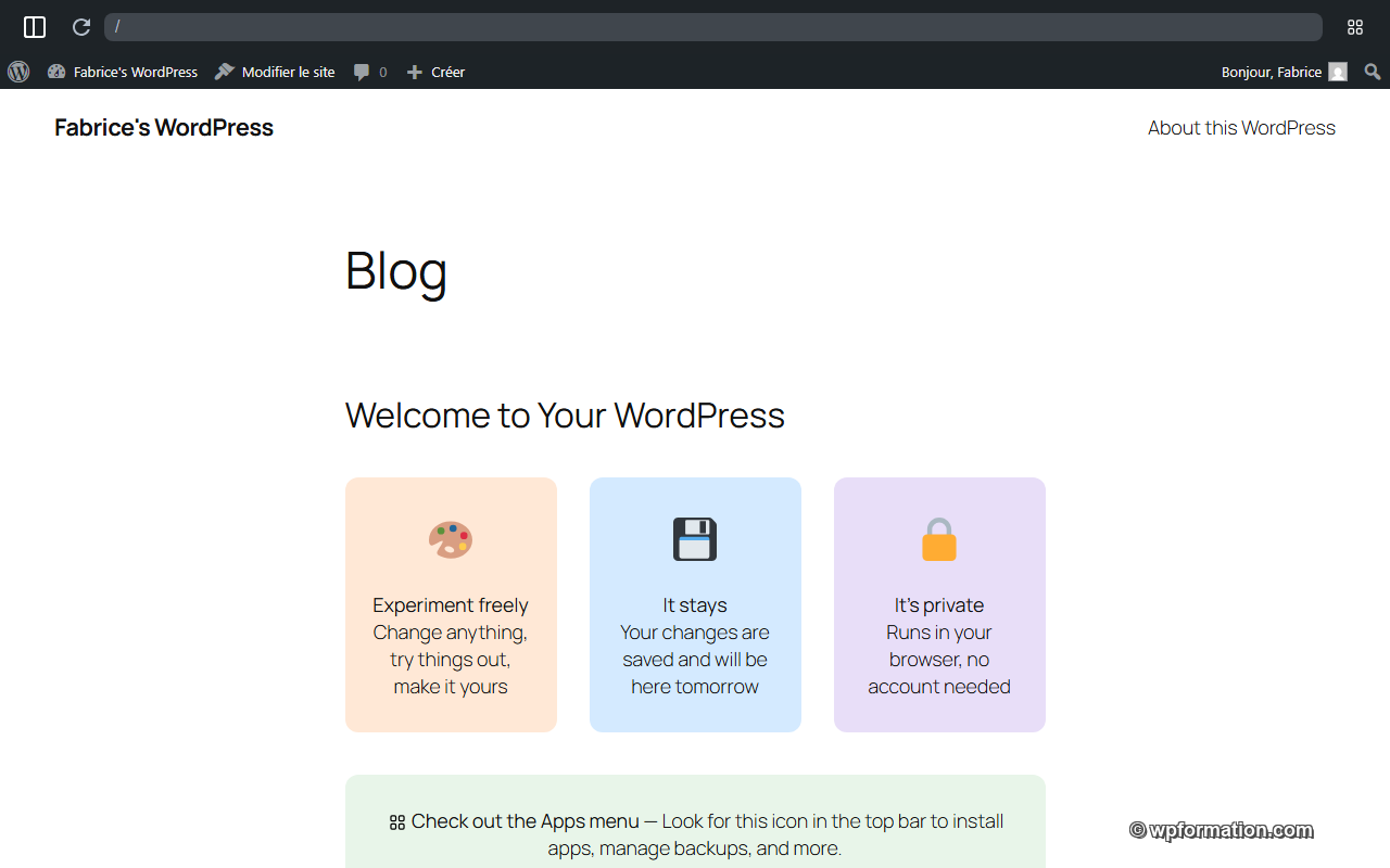 Tableau de bord WordPress sur my.wordpress.net - interface admin complète dans le navigateur