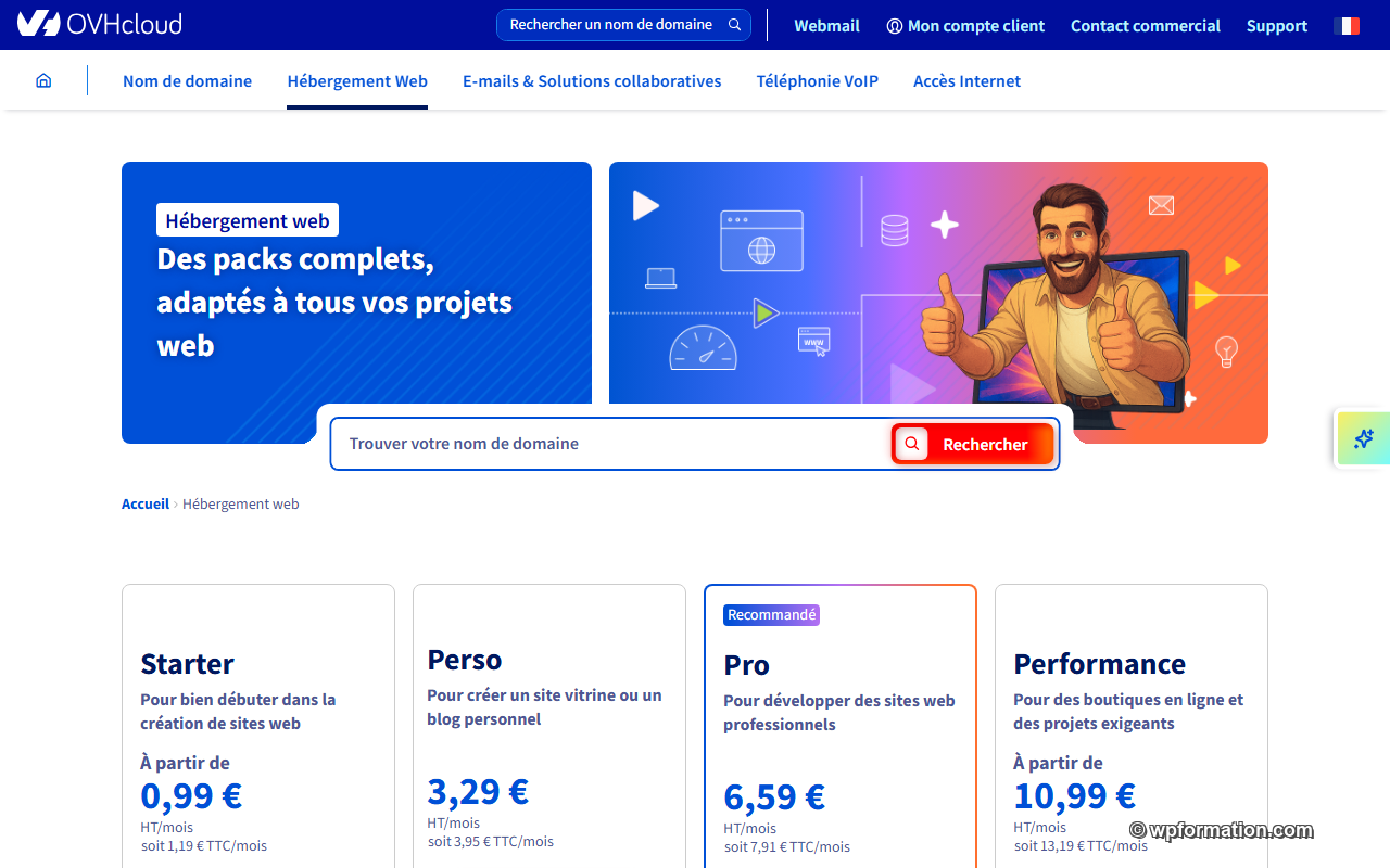 Page d'accueil OVHcloud hébergement web 2026 : tarifs Starter 0,99 €, Perso 3,29 €, Pro 6,59 €, Performance 10,99 € HT/mois