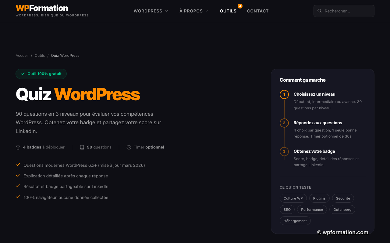 Écran de sélection des 3 niveaux du Quiz WordPress WPFormation