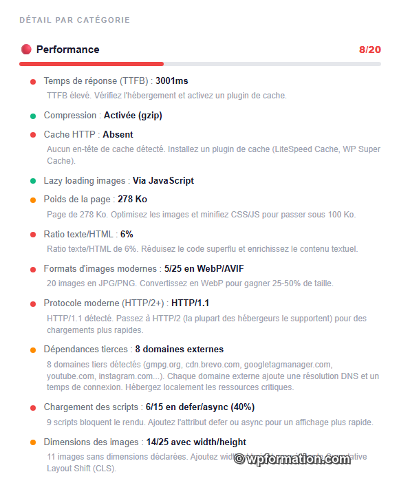 Performance (20 pts) : PageSpeed Insights mobile + desktop (score Google réel), Core Web Vitals informatifs etc