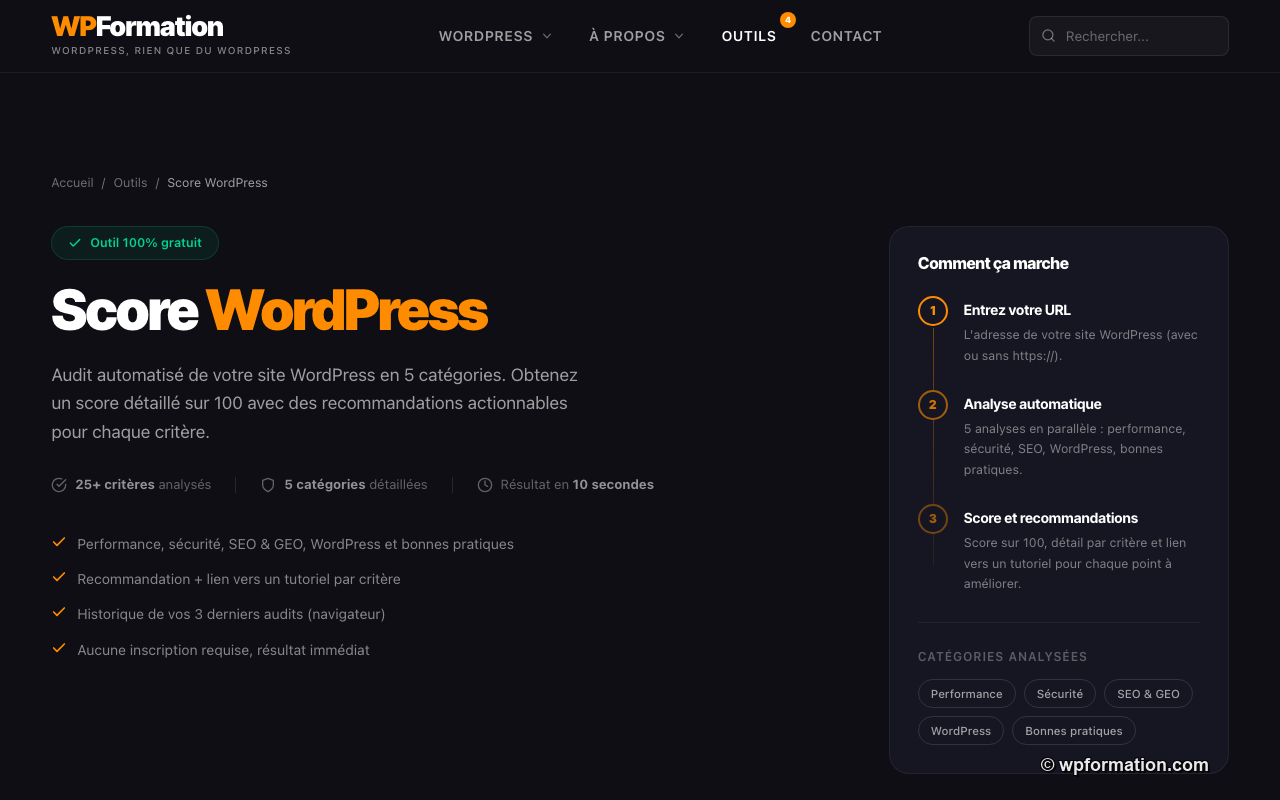 Formulaire d'audit du Score WordPress WPFormation avec 25 critères en 5 catégories