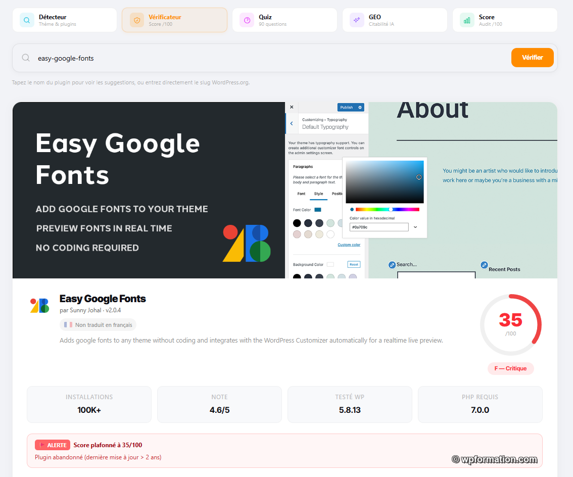 Vérificateur de Plugins WPFormation affichant Easy Google Fonts avec un score de 35/100 (plugin abandonné depuis 5 ans)