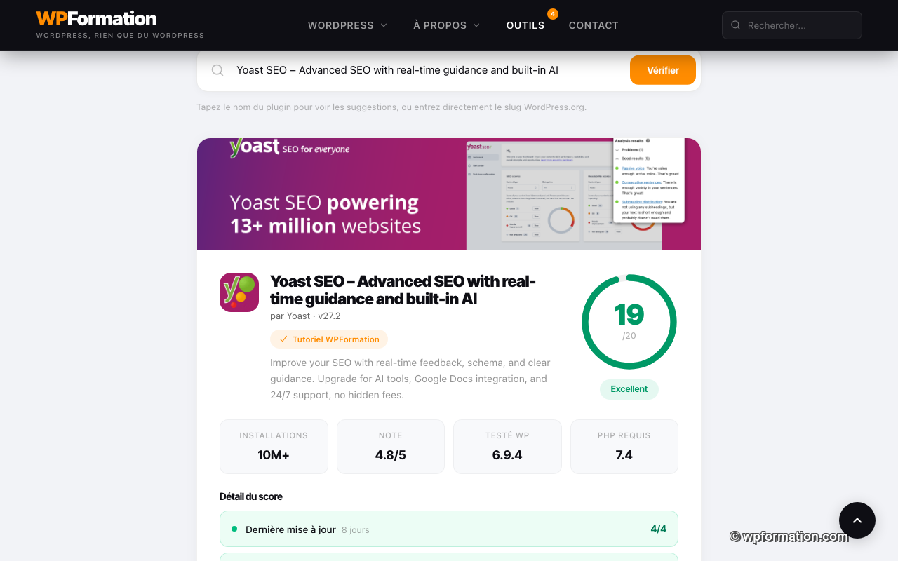 Score de confiance 19/20 pour Yoast SEO dans le Vérificateur de Plugins WPFormation