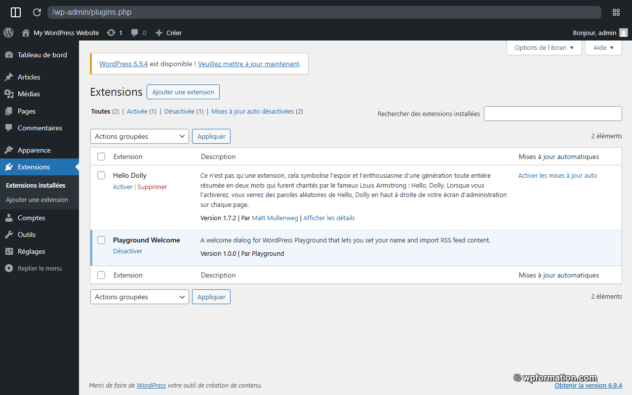 Écran Extensions WordPress - liste des plugins installés dans l'admin