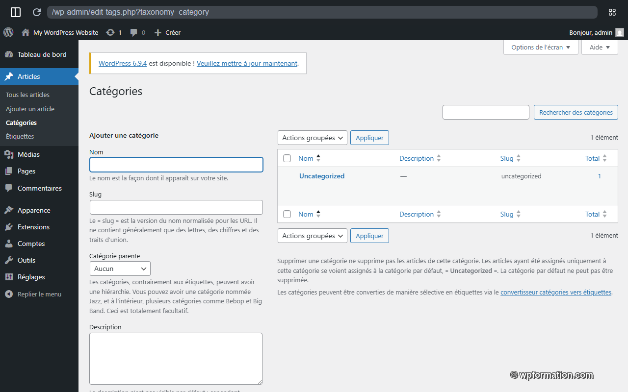 Écran Catégories WordPress - création et gestion des catégories d'articles