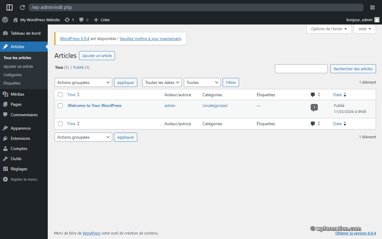 Écran Articles WordPress - liste des articles publiés avec colonnes auteur, catégories et date