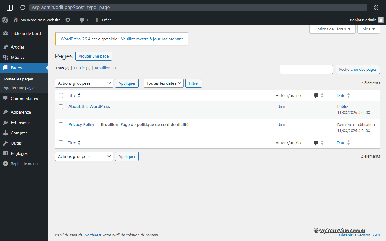Écran Pages WordPress - liste des pages avec statut publié et brouillon