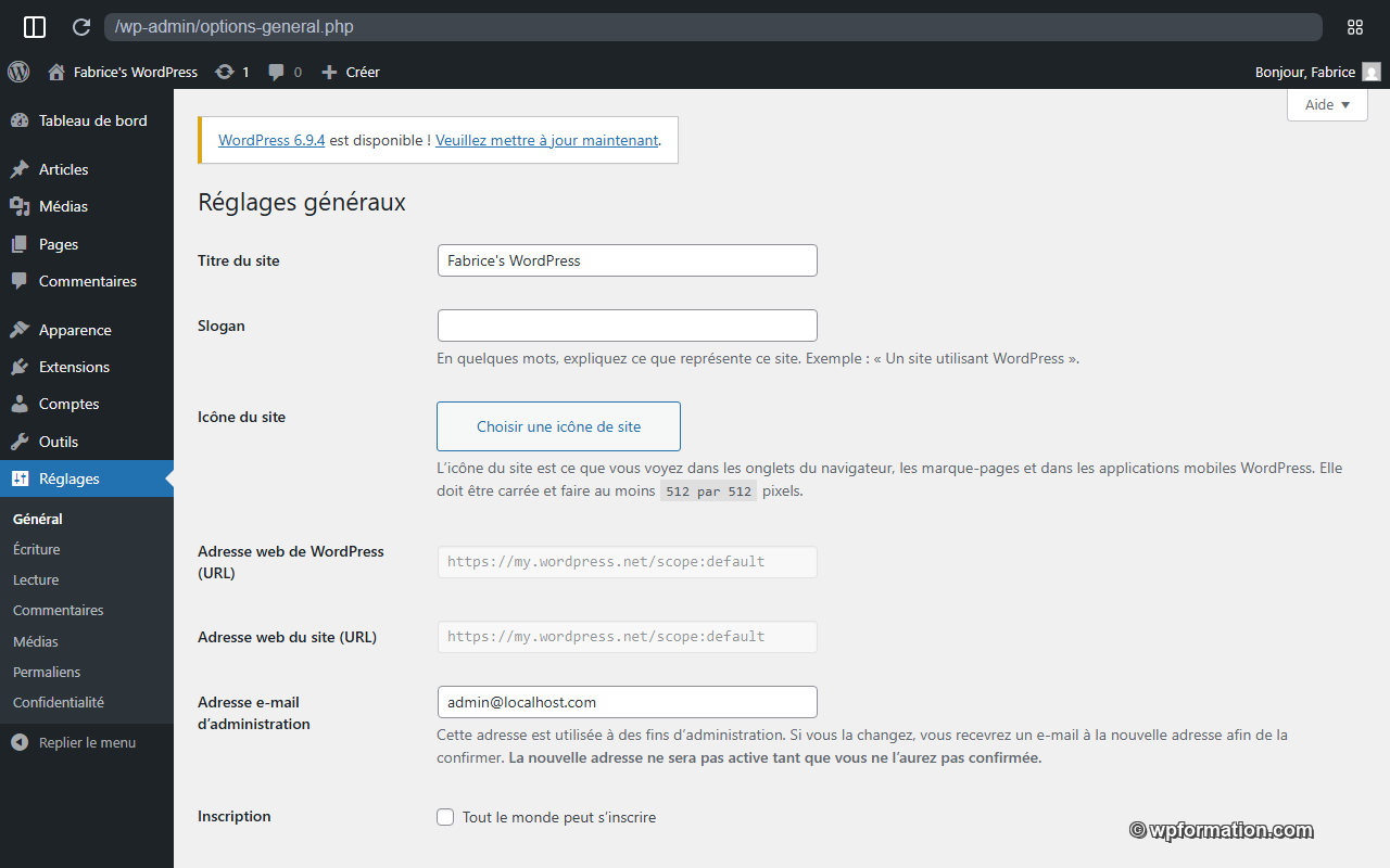 Écran Réglages Généraux WordPress - titre du site, slogan et fuseau horaire