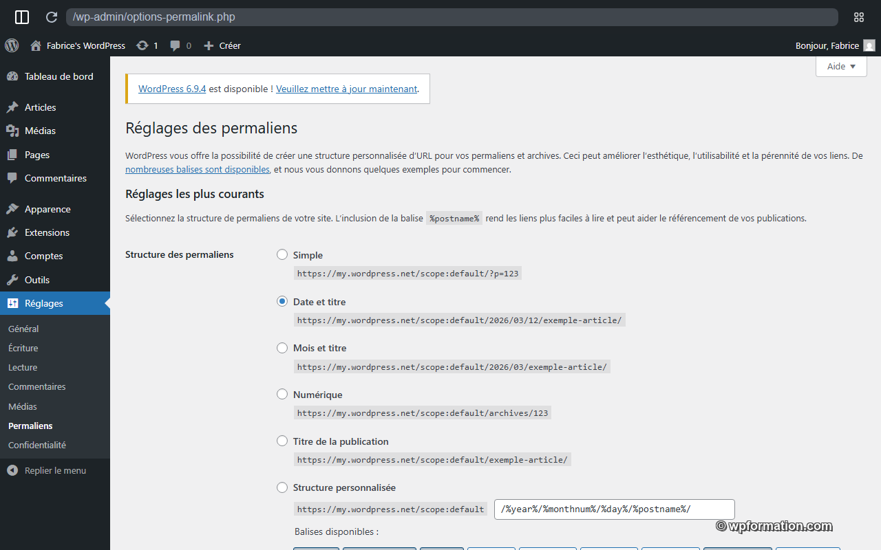 Écran Réglages Permaliens WordPress - sélection Nom de l'article
