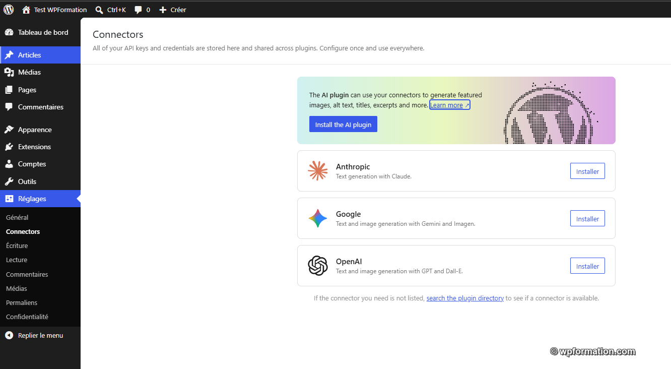 Écran Réglages Connectors de WordPress 7.0 avec les connecteurs Anthropic, Google et OpenAI préconfigurés