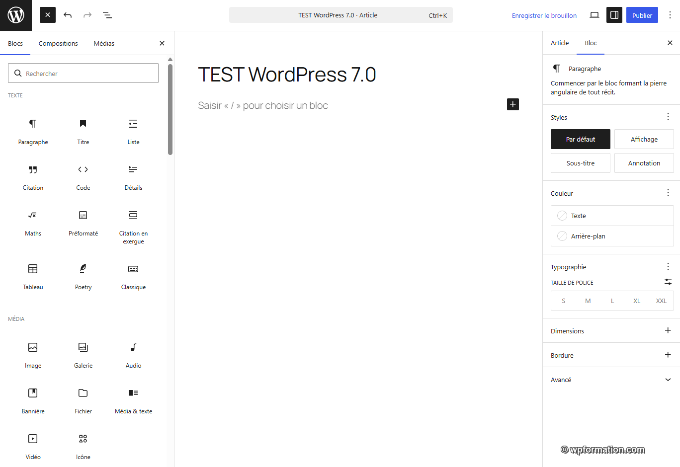 Éditeur Gutenberg de WordPress 7.0 avec l'inséreur de blocs ouvert montrant les nouvelles catégories