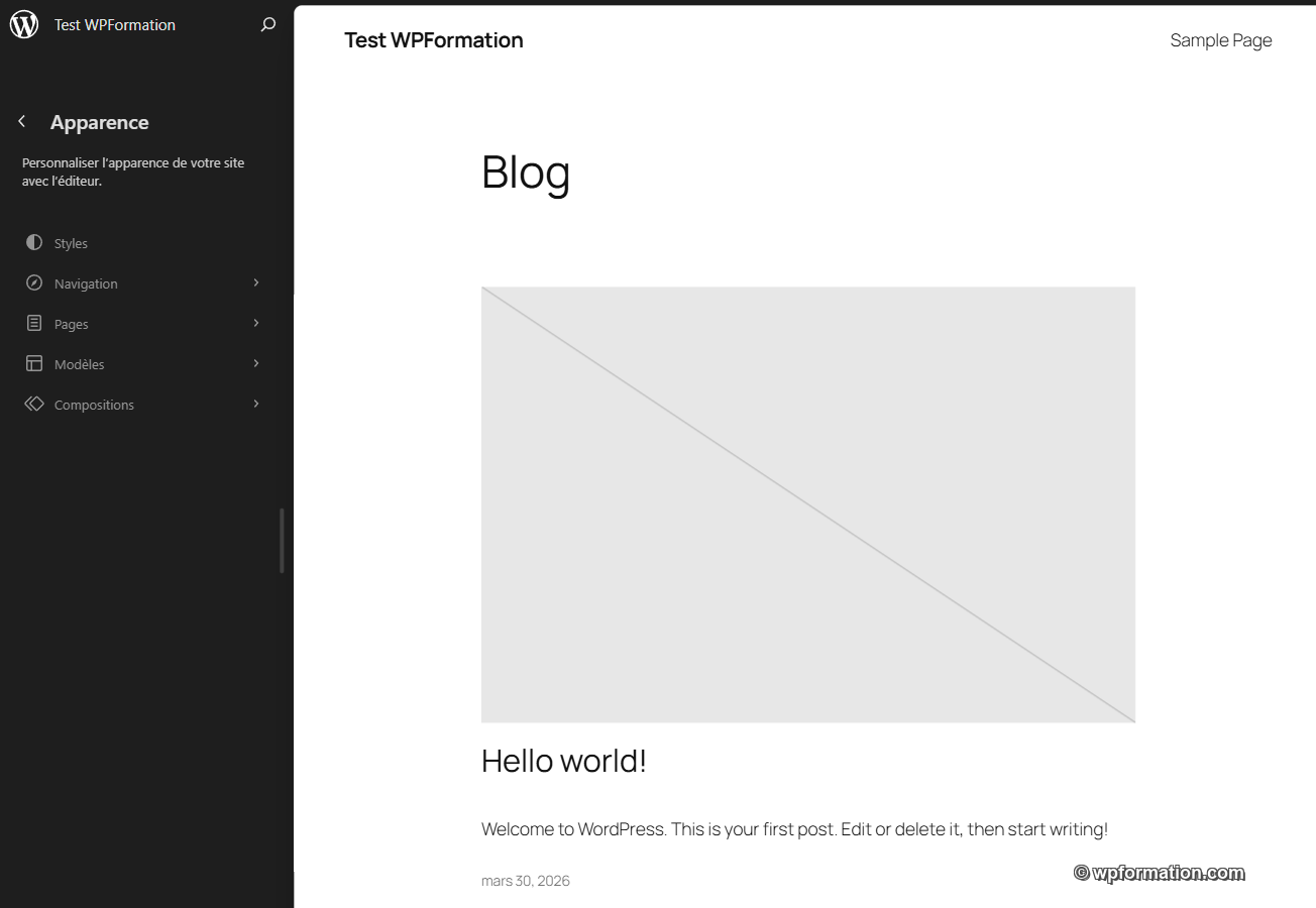 Éditeur de site WordPress 7.0 avec le panneau Apparence affichant Styles, Navigation, Pages, Modèles et Compositions